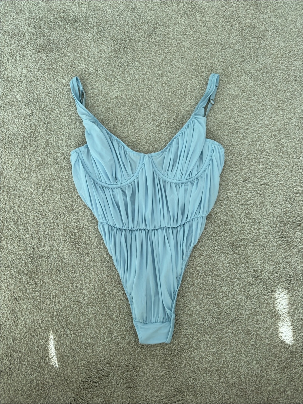 Ruched Light Blue Bodysuit with Adjustable Straps